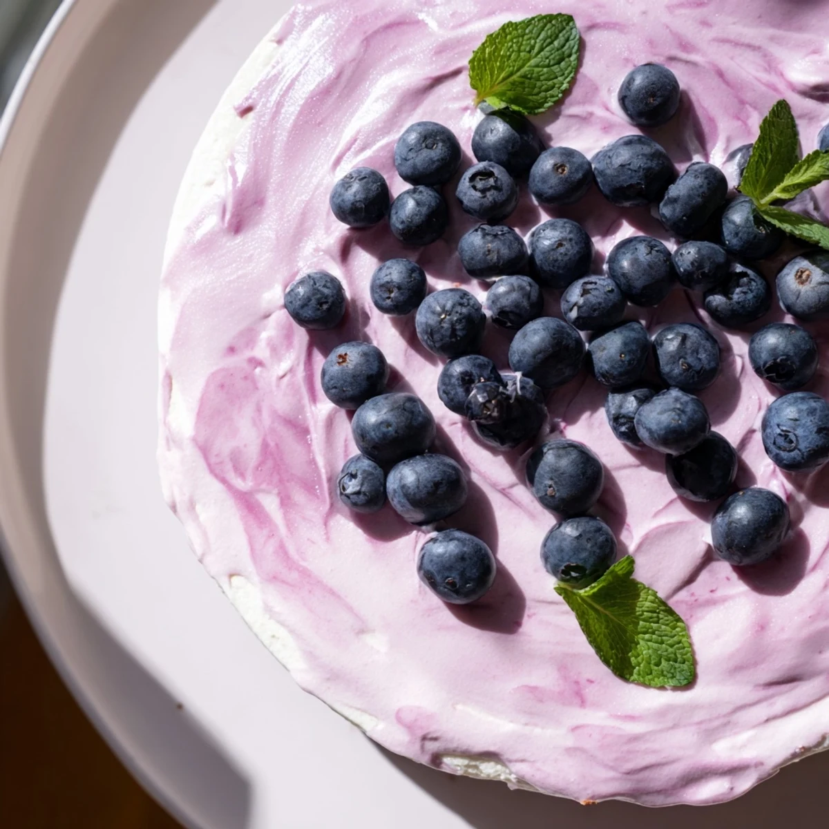 A slice of Blueberry Mousse Cheesecake with a creamy filling and a vibrant, glossy blueberry topping.