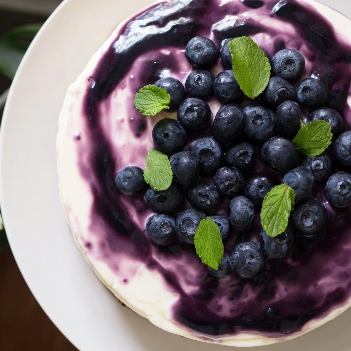 Fresh Blueberry Mousse Cheesecake dessert garnished with plump berries and mint on a rustic wooden table.