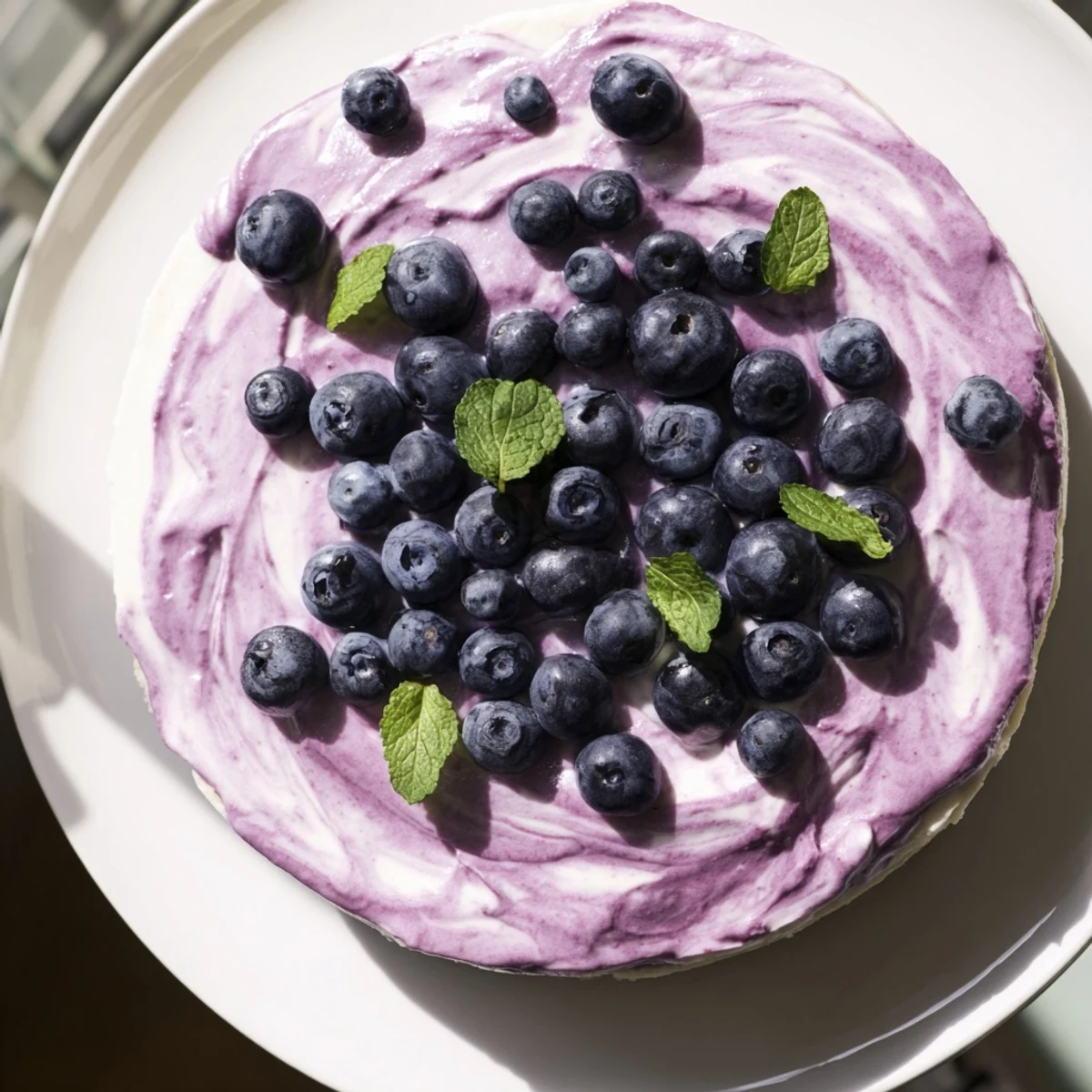 Delicious homemade Blueberry Mousse Cheesecake showing a smooth texture and rich blueberry swirls on top.