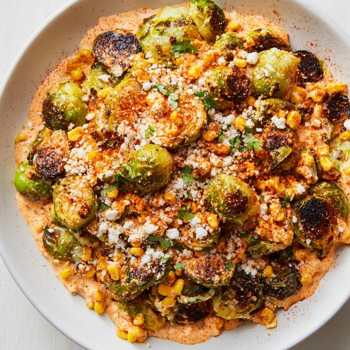 Golden roasted Brussels sprouts and charred corn kernels coated in creamy, tangy Mexican street corn sauce with cotija cheese.