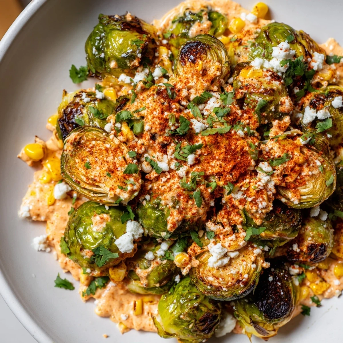 Mexican Street Corn Brussels Sprouts Delight in a white bowl with lime wedges and fresh cilantro garnish.