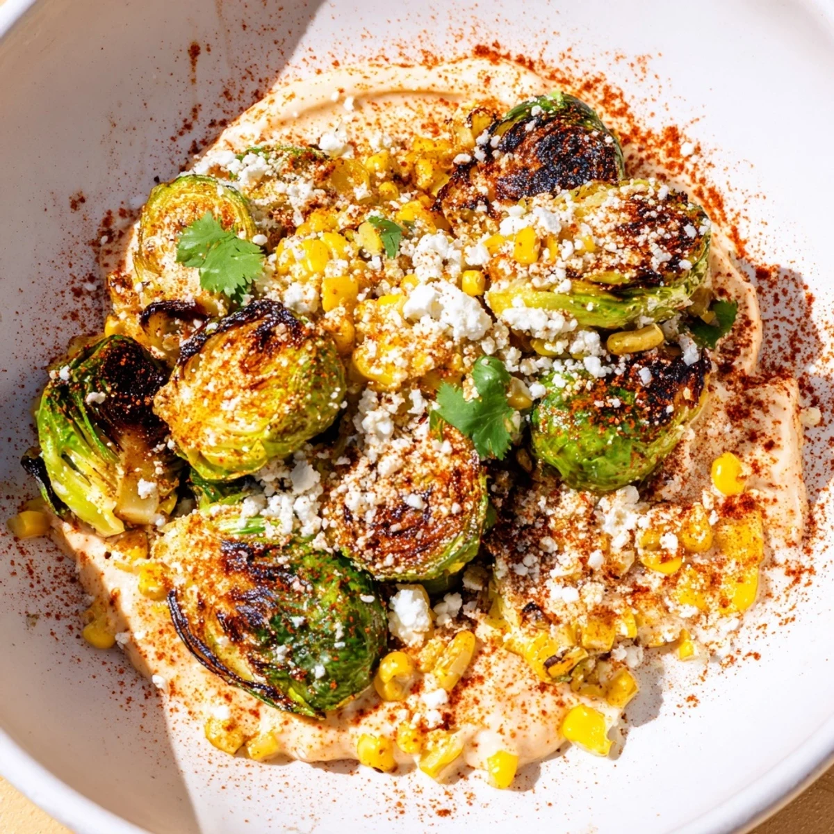 A vibrant vegetarian side dish featuring Mexican Street Corn Brussels Sprouts Delight, sprinkled with chili powder and smoky paprika.