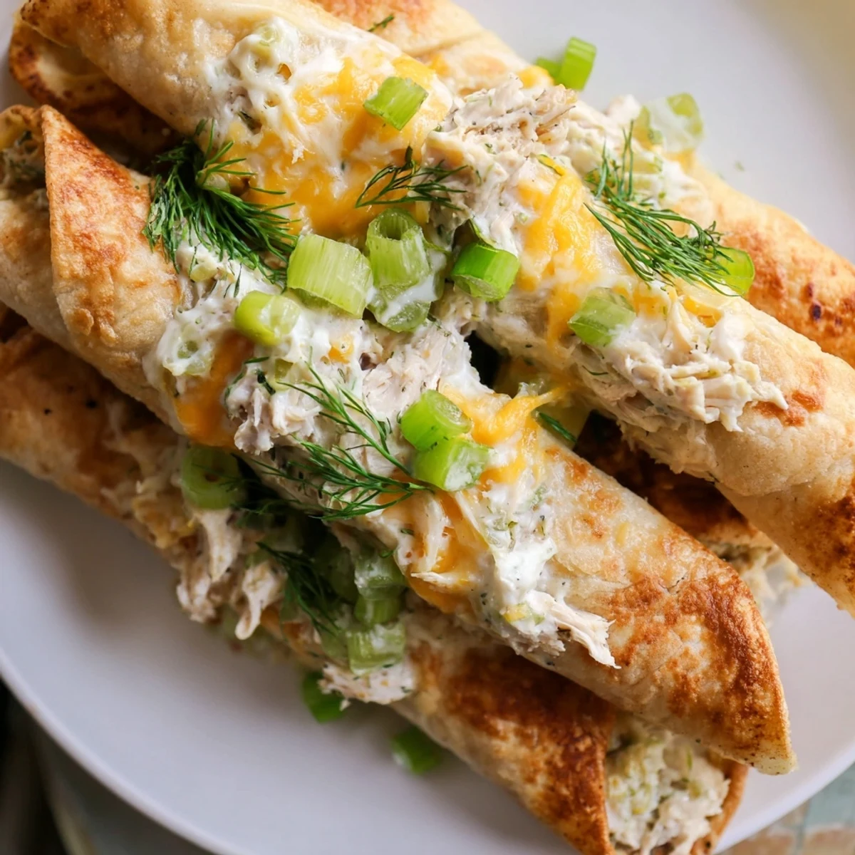 Golden-baked Dill Pickle Ranch Chicken Taquitos lined up on a wire rack, showing crispy flour tortilla shells filled with creamy ranch chicken, chopped dill pickles, and melted cheddar cheese.