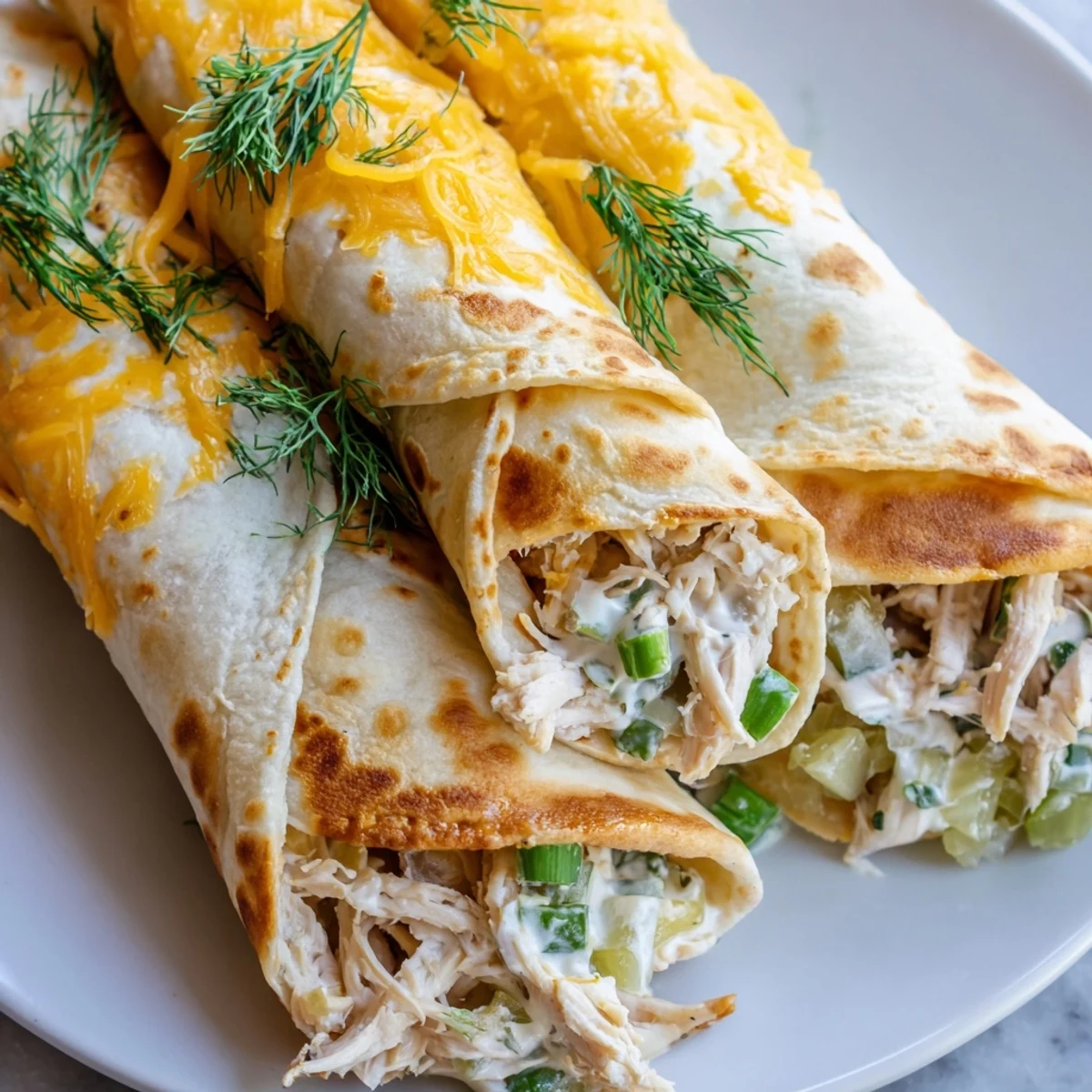 A close-up of one broken Dill Pickle Ranch Chicken Taquito on a white plate, revealing the shredded chicken, tangy pickles, and ranch dressing inside.