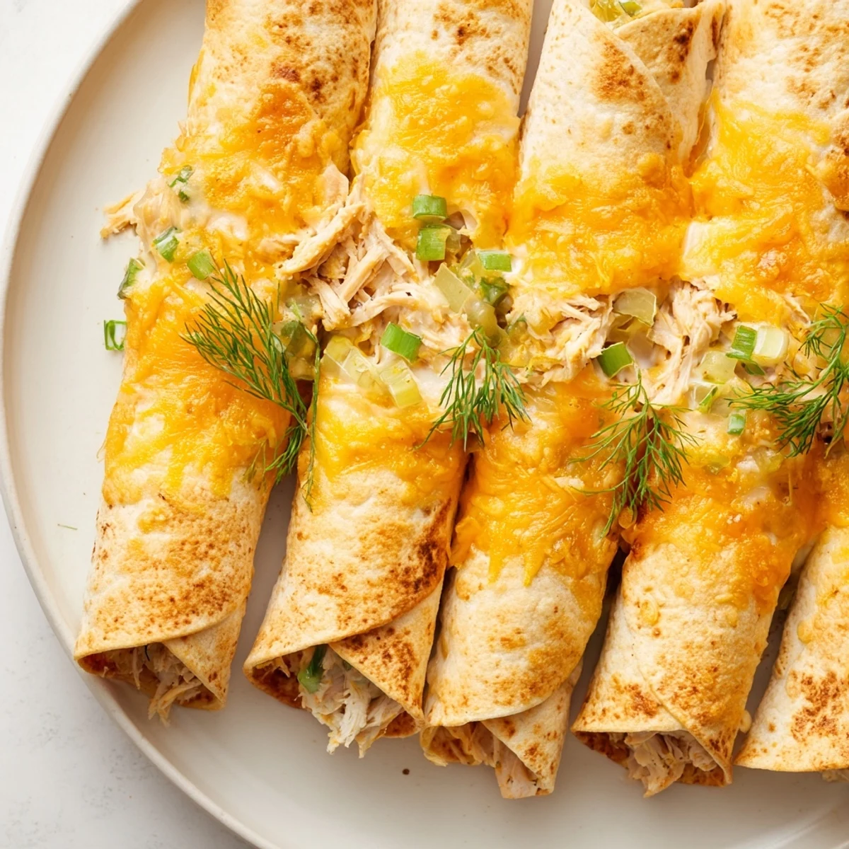 Serving suggestion for Dill Pickle Ranch Chicken Taquitos arranged on a wooden board with a small bowl of ranch dip and fresh celery sticks.