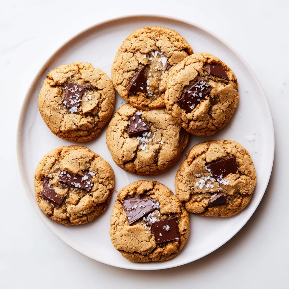 Golden-brown Miso Chocolate Chip Cookies on a white plate, slightly crumbly with melted chocolate and a sprinkle of flaky sea salt.