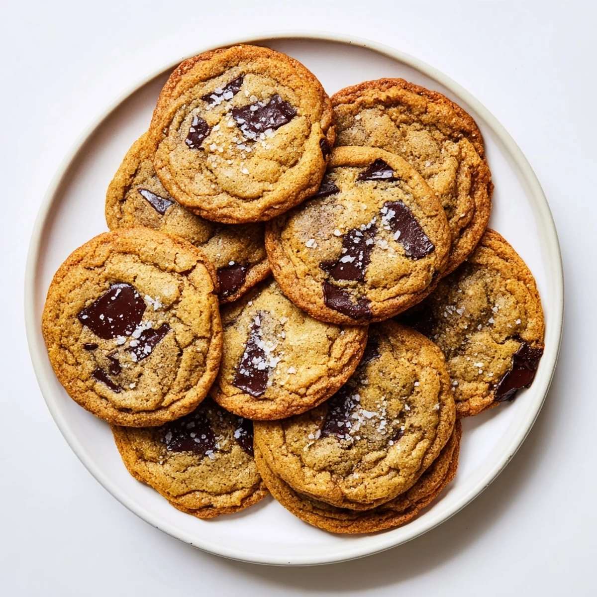 Freshly baked Miso Chocolate Chip Cookies stacked, showing soft centers and crisp edges on a rustic wooden table.