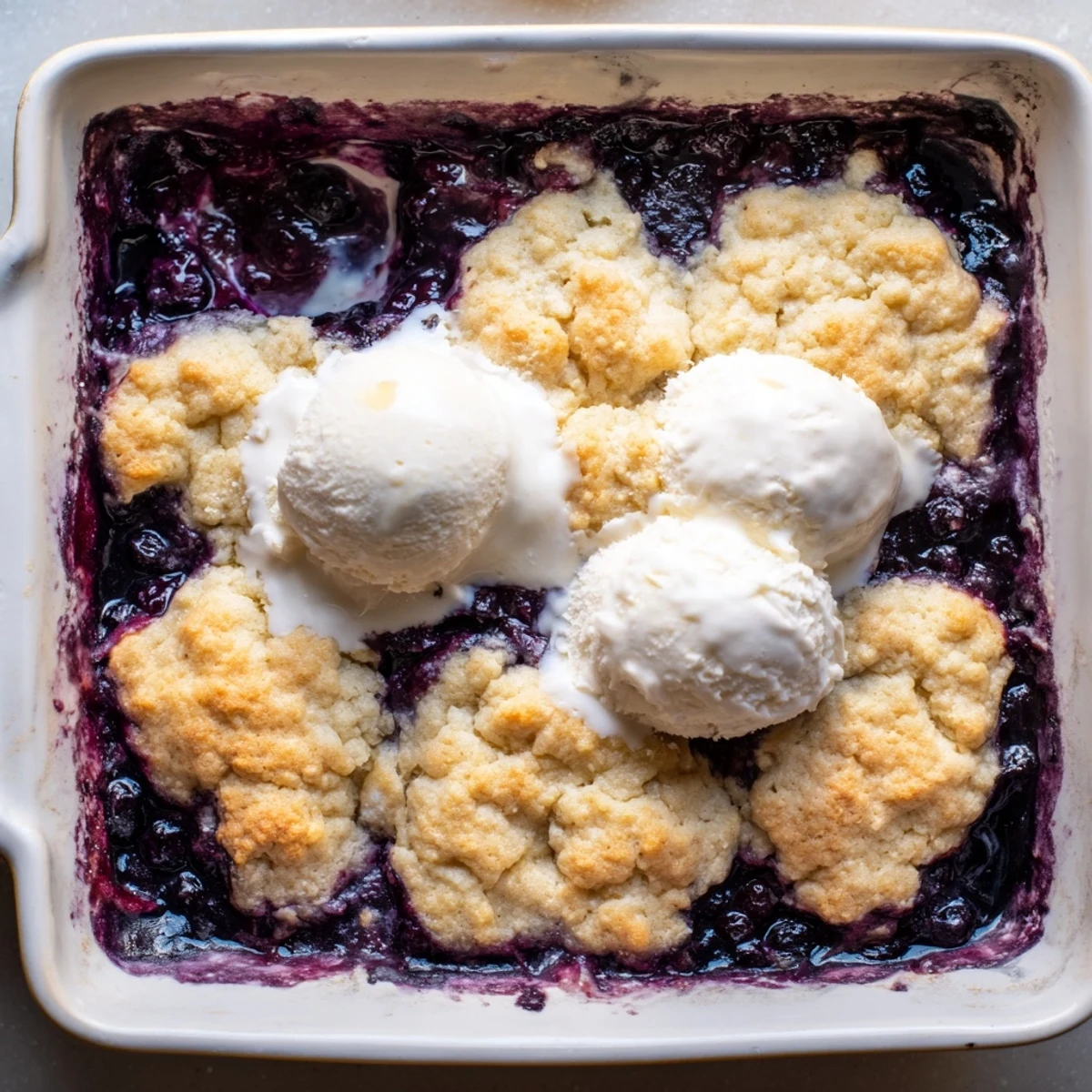 A close-up of warm, Moist Blueberry Cobbler With Frozen Berries in a white dish, golden biscuit topping bubbling with deep purple juices.