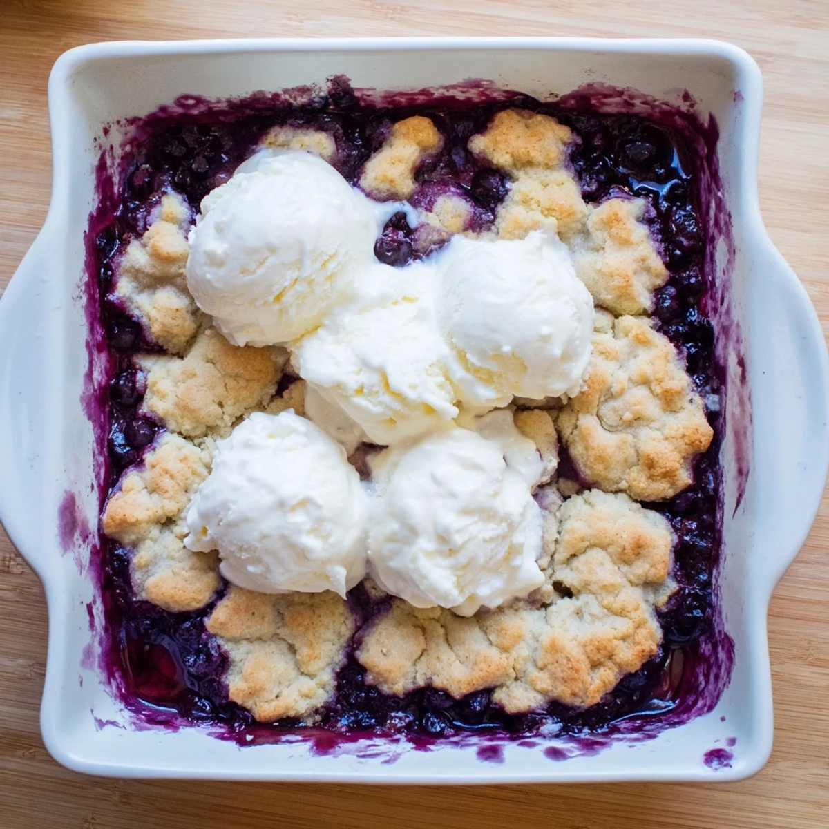 Comforting Moist Blueberry Cobbler With Frozen Berries cooling on a wire rack, cinnamon-scented topping ready for a hearty American family dessert.
