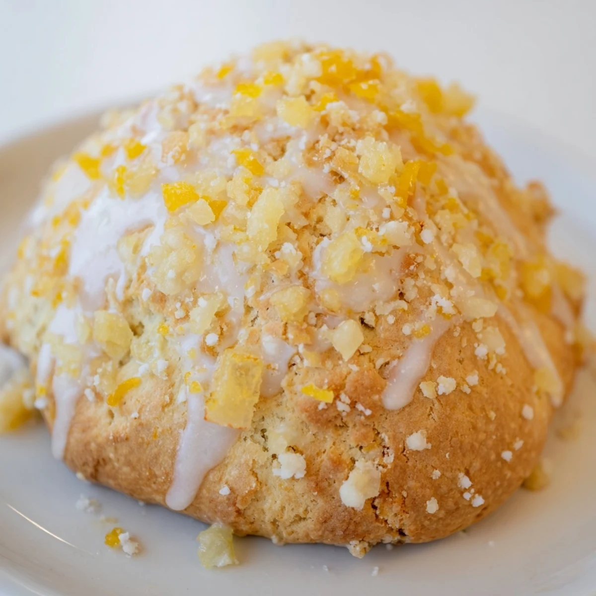 Freshly baked Candied Ginger Orange Scones with a golden crust and gooey ginger bits are served warm with tea.