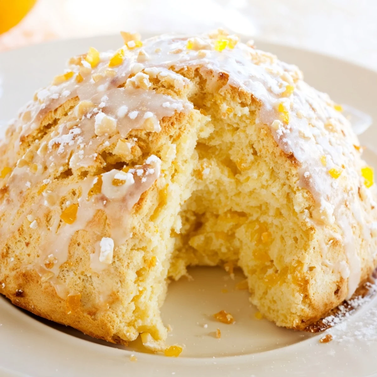 Moist and tender Candied Ginger Orange Scones are drizzled with a glossy orange glaze on a rustic wooden board.