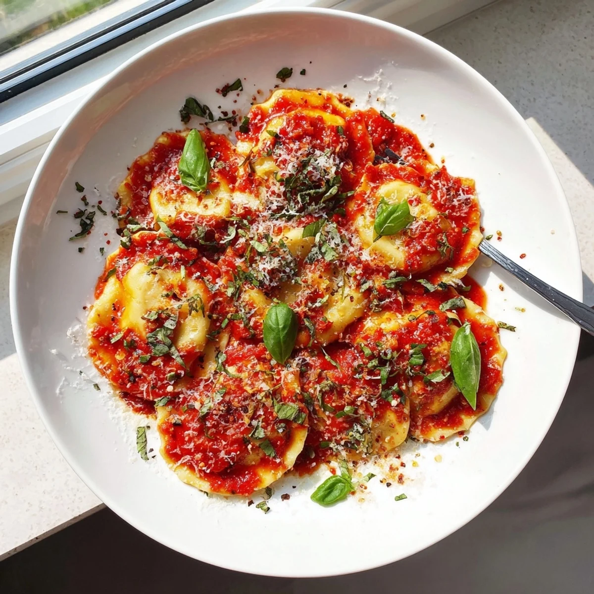 20-Minute Ravioli with Simple Sauce served hot with crusty bread on a rustic table.  