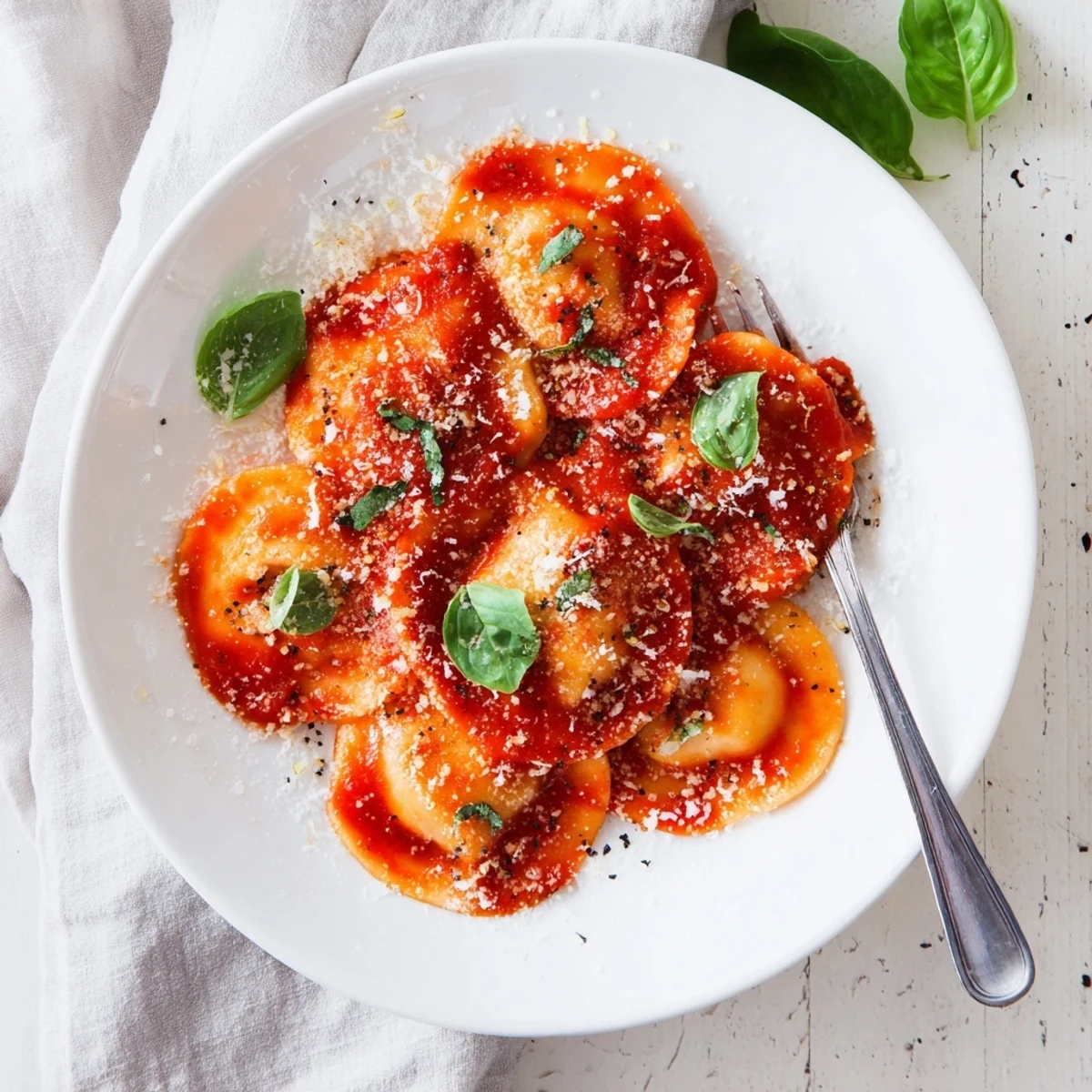 Tender ravioli with Simple Sauce steaming in a white bowl, topped with extra basil leaves.