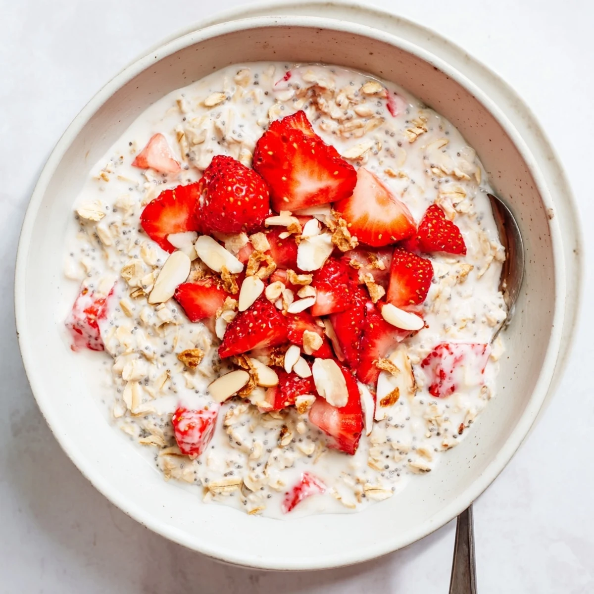 A close-up of Strawberry Overnight Oats garnished with sliced strawberries and chopped almonds for a healthy breakfast.