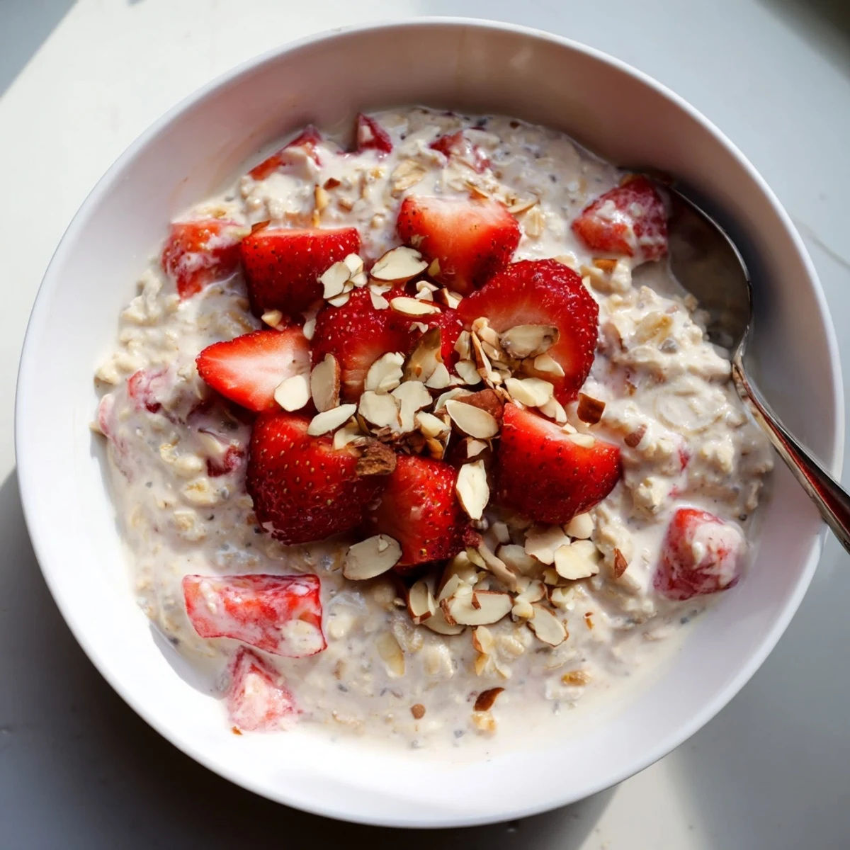 Strawberry Overnight Oats served chilled in a bowl with a spoon, showing creamy texture and fresh fruit topping.