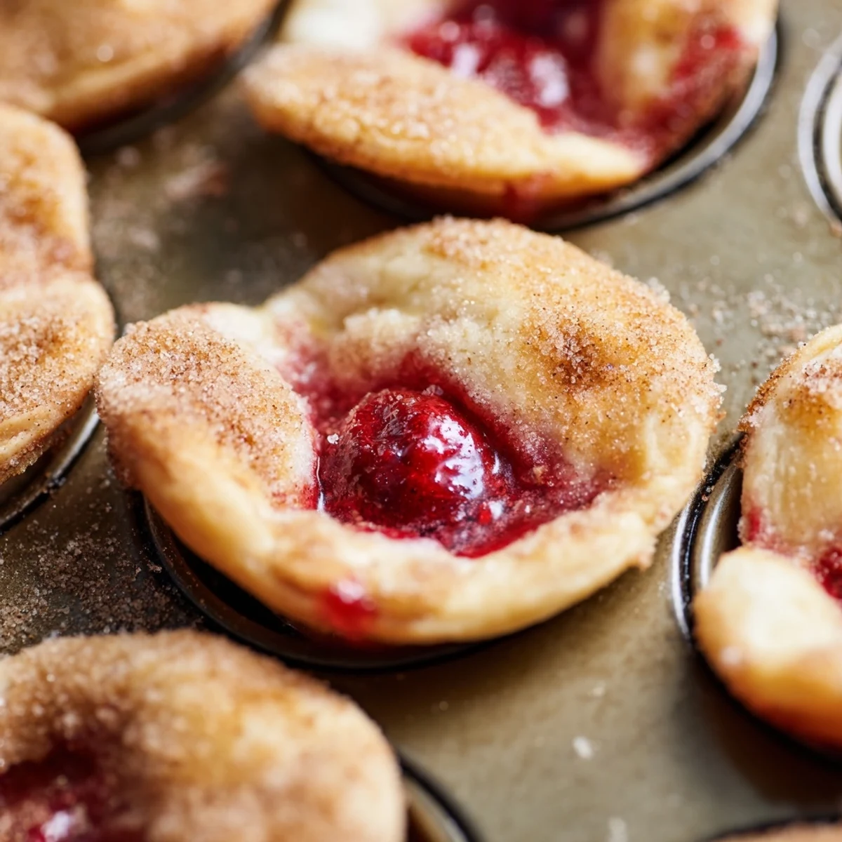 A close-up of Quick Cherry Pie Bites dusted with cinnamon sugar on a wire rack.
