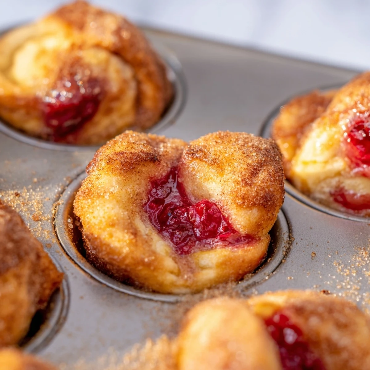 Golden brown Quick Cherry Pie Bites fresh from the oven with bubbly red filling.