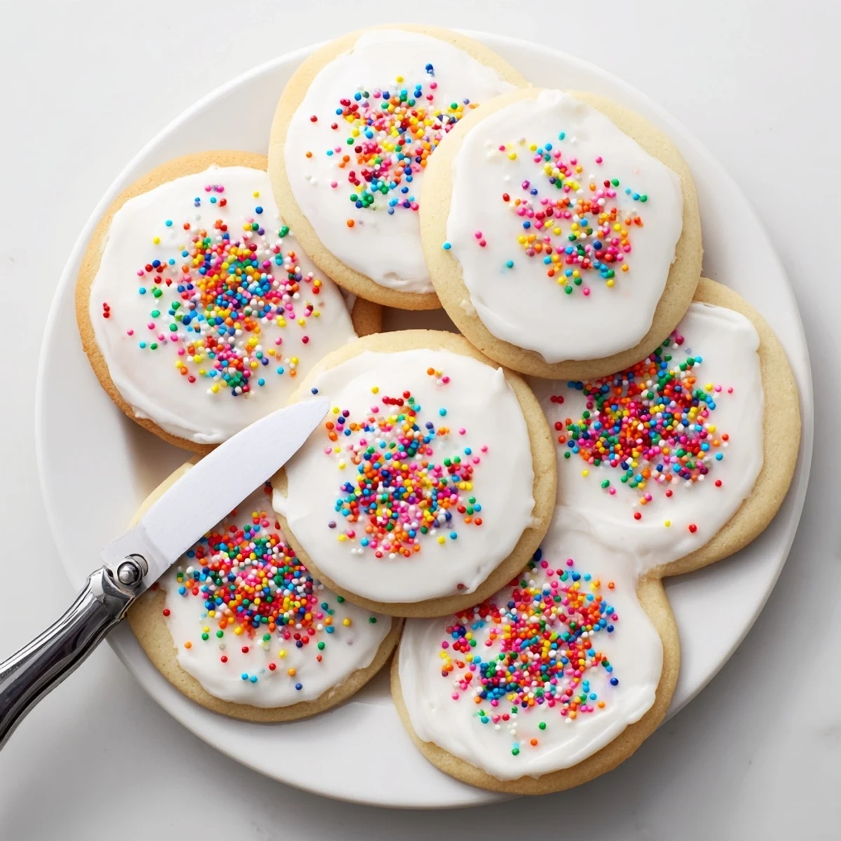 A close-up of glossy Sugar Cookie Icing being drizzled over freshly baked cookies with colorful sprinkles.