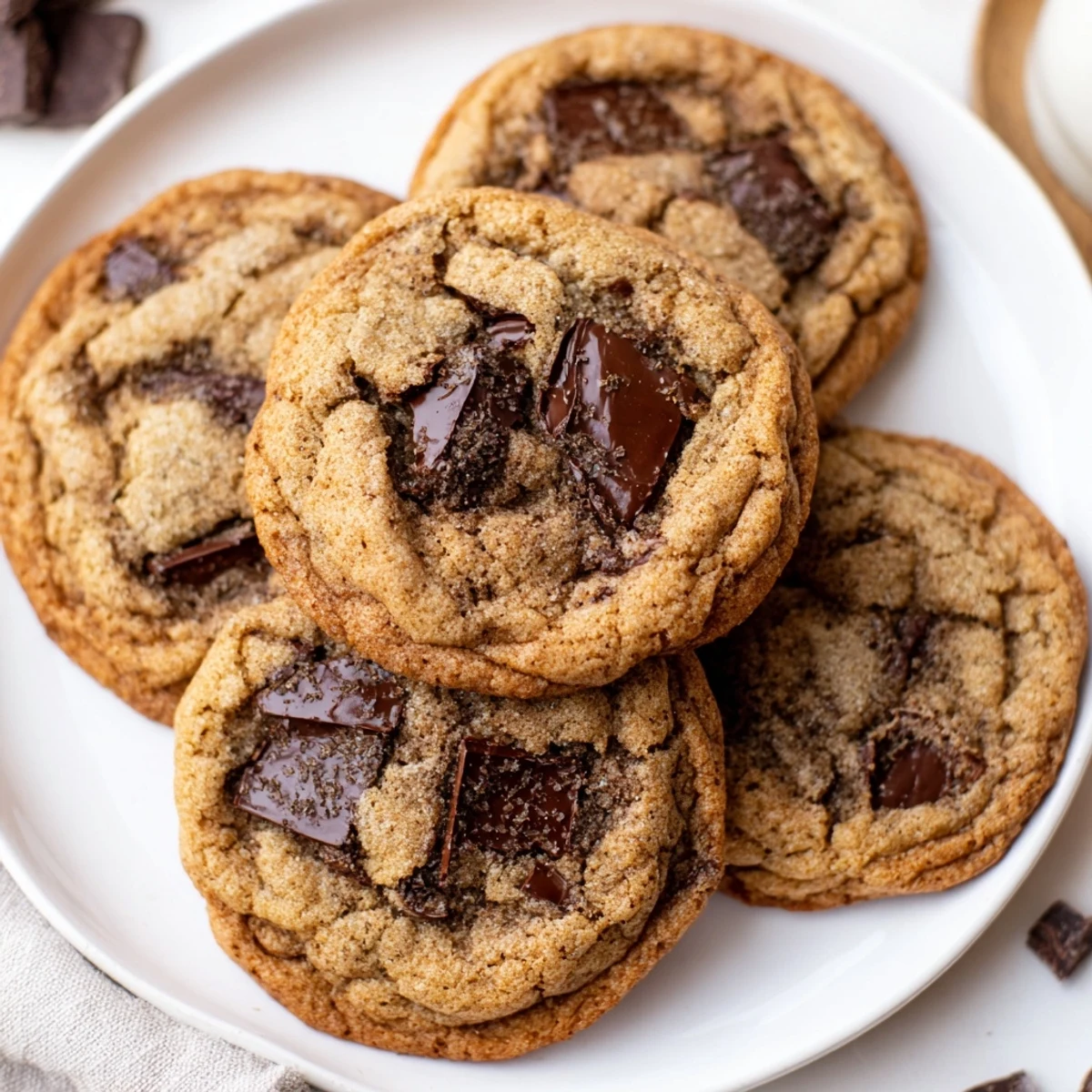 A close-up of golden-brown Chai Spiced Chocolate Chip Cookies, with visible cinnamon and cardamom specks and melted semi-sweet chocolate chips on a rustic wooden board.