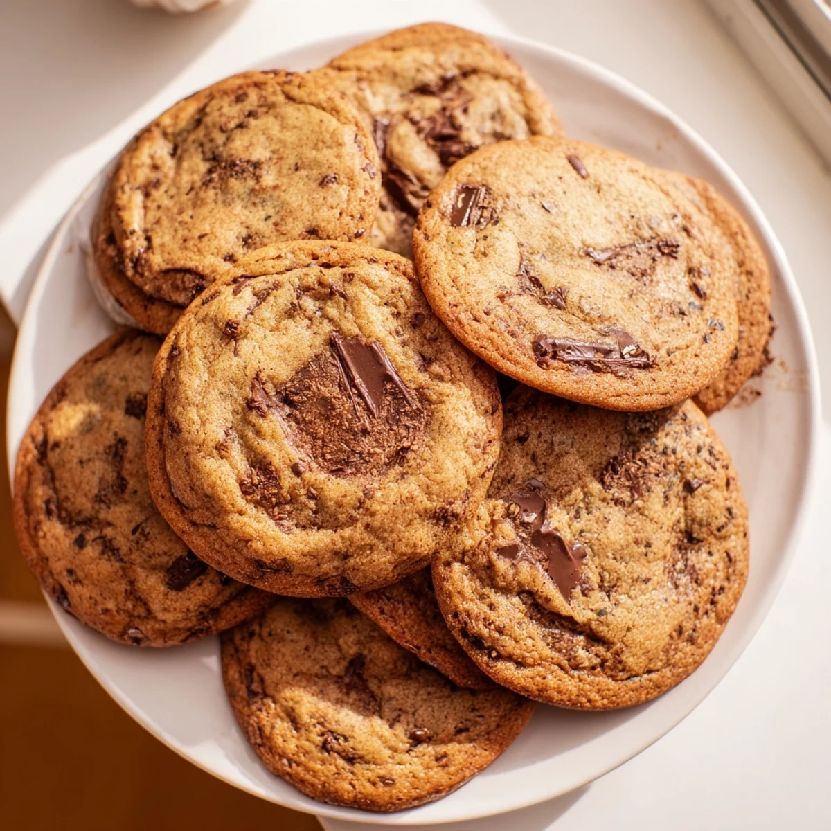 Five warm Chai Spiced Chocolate Chip Cookies are stacked on a white plate next to a steaming mug of chai tea for a cozy afternoon snack.