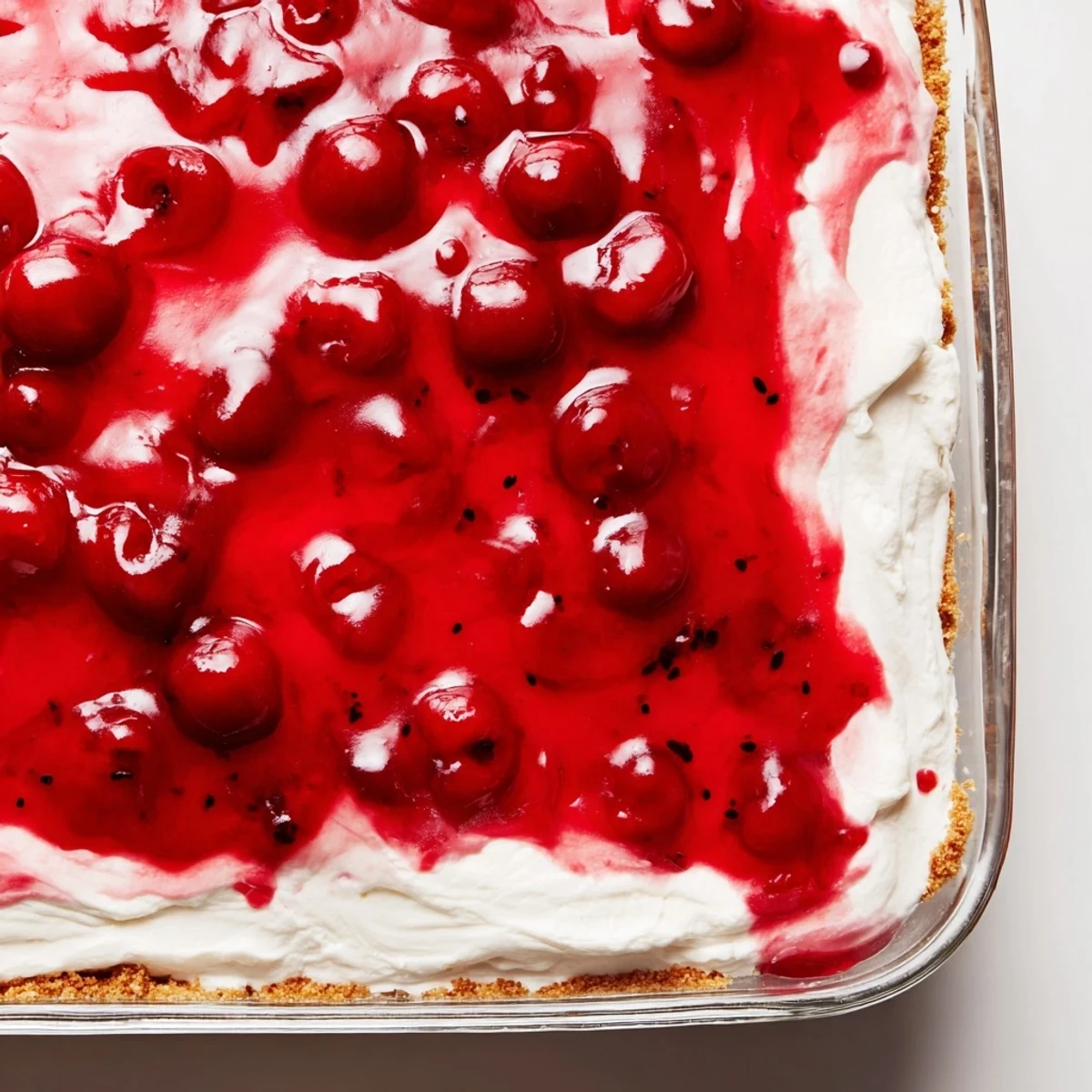 A close-up of Classic Cherry Delight in a glass dish, showing the glossy red cherry topping over creamy white filling and golden graham cracker crust.