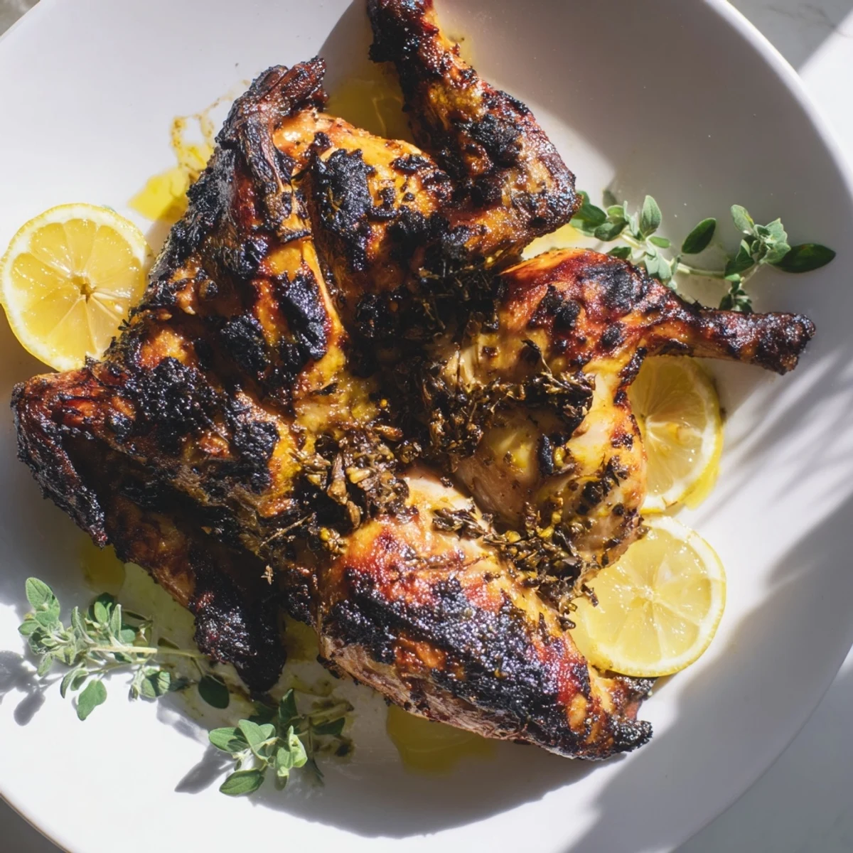 Golden-brown BBQ roast lemon and oregano chicken glistening with marinade, served on a rustic platter with lemon wedges.