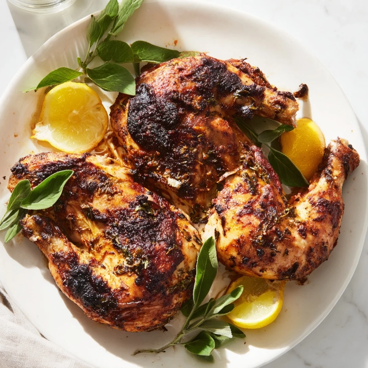 Mediterranean-style lemon and oregano chicken fresh off the grill, garnished with fresh herbs and ready for family dinner.