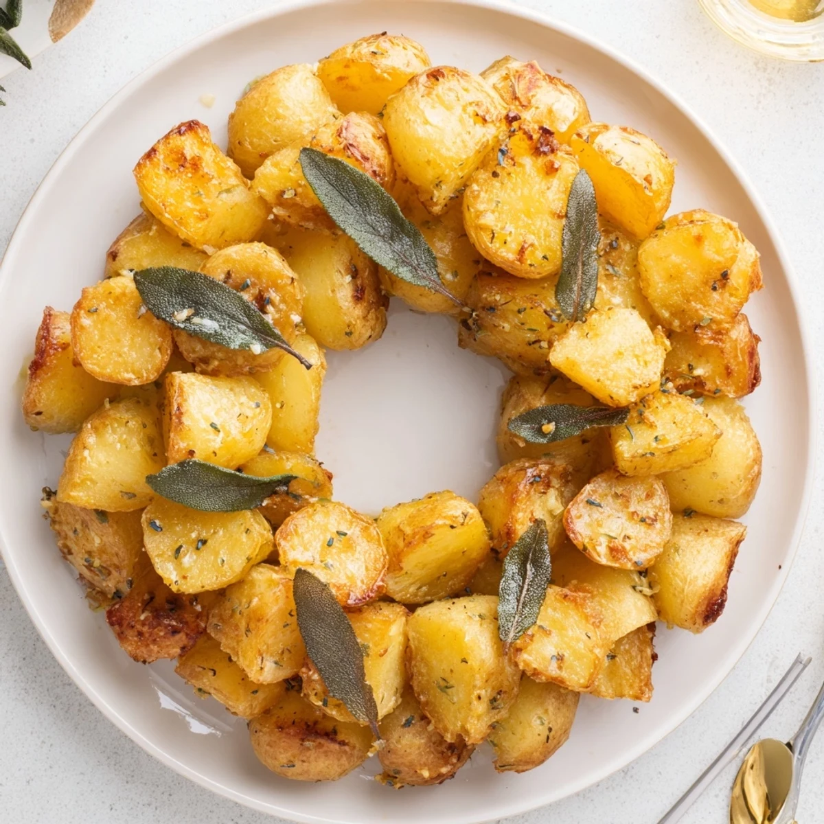 Crispy, fragrant Garlic Roast Potato and Sage Wreath with whole sage leaves, perfect for a holiday centerpiece.