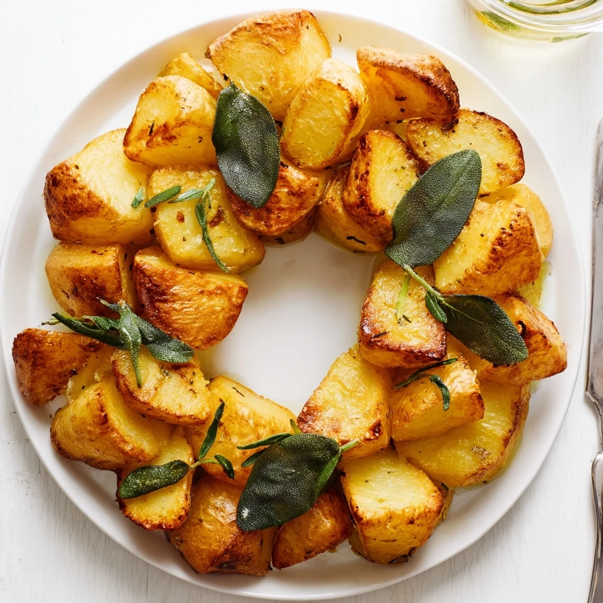 Golden roasted Yukon Gold potatoes with garlic and fresh sage arranged in a festive wreath, served hot on a platter.