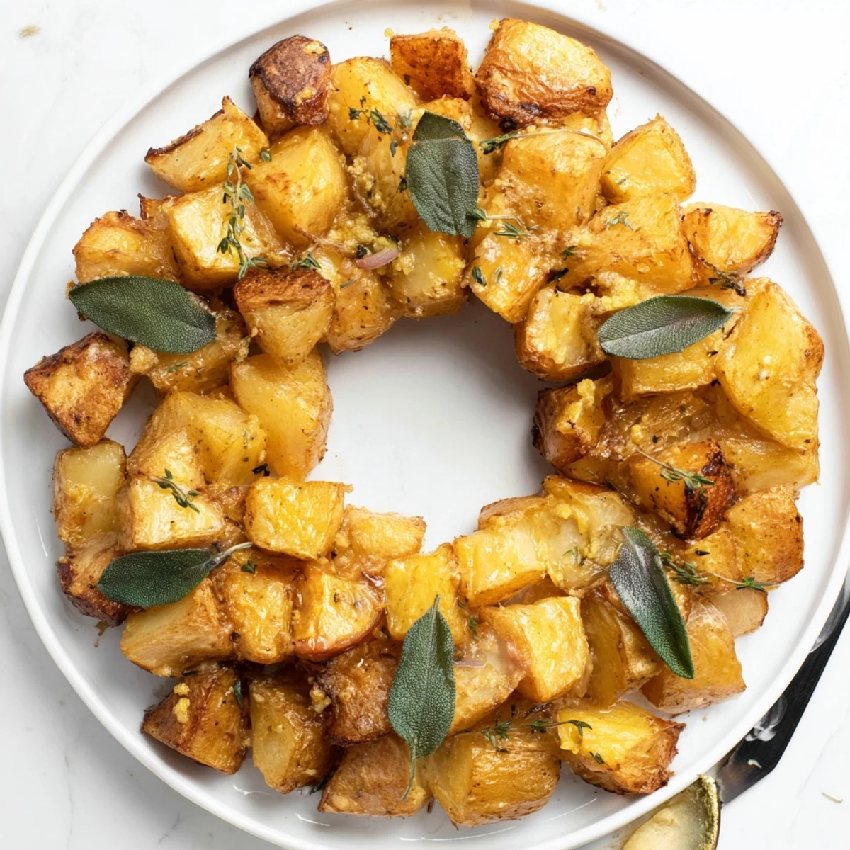 A savory vegetarian side dish of garlic and sage potatoes shaped into an elegant wreath for special occasions.