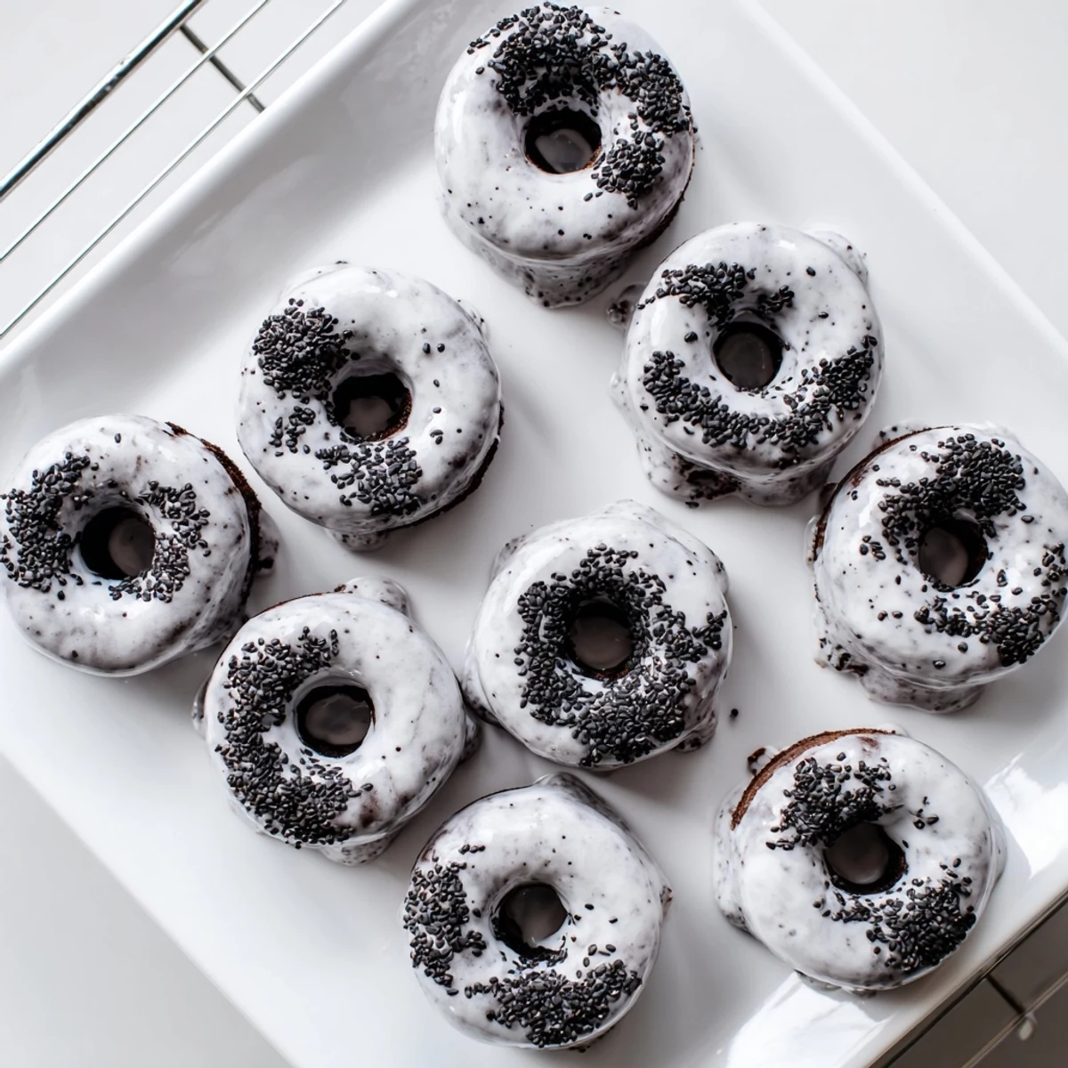 Freshly baked Black Sesame Mochi Donuts cooling on a wire rack, showing a crisp exterior and chewy texture.