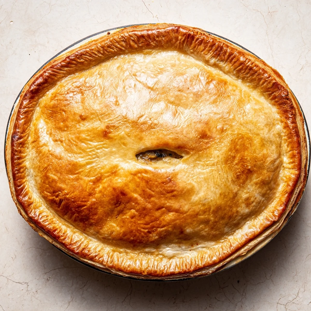 A golden, flaky One Pan Chicken Korma Pie sits in a skillet, bubbling with creamy curry filling and fresh cilantro garnish.