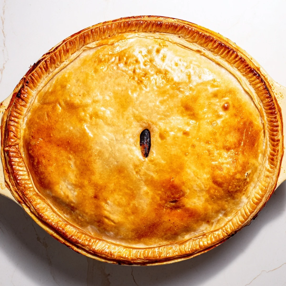 The One Pan Chicken Korma Pie shows a tender chicken and pea filling topped with a crisp, golden-brown puff pastry crust.