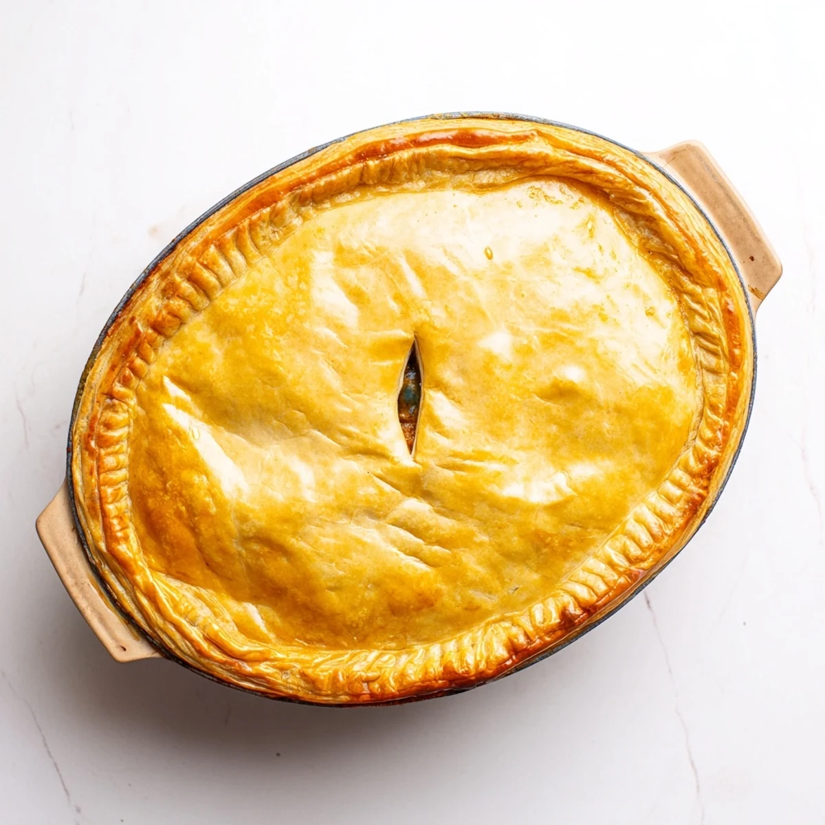 Serve a slice of One Pan Chicken Korma Pie from the skillet with a side of steamed basmati rice and salad.