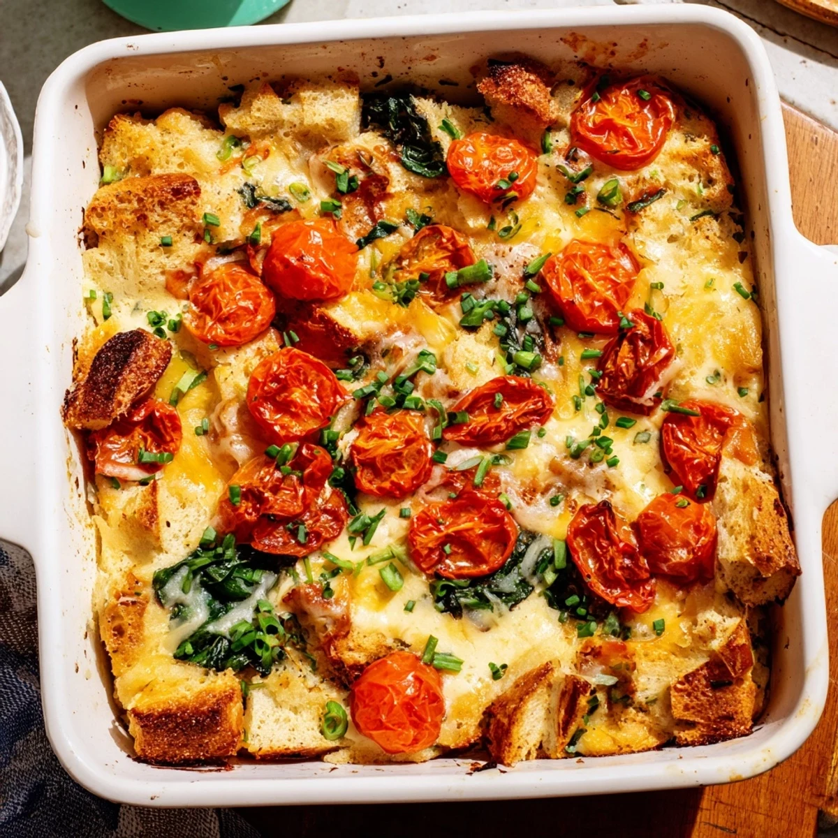 Golden, bubbly Cheesy Breakfast Strata With Roast Cherry Tomatoes topped with vibrant roasted tomatoes on a plate.