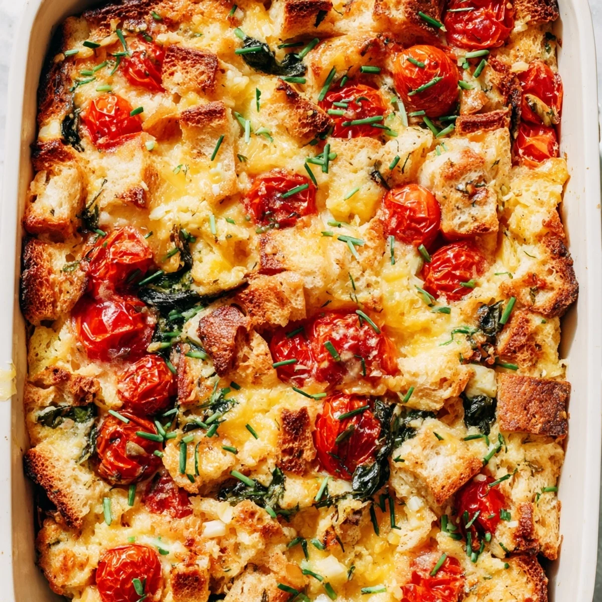 A slice of savory Cheesy Breakfast Strata With Roast Cherry Tomatoes reveals layers of crusty bread and melted cheese.