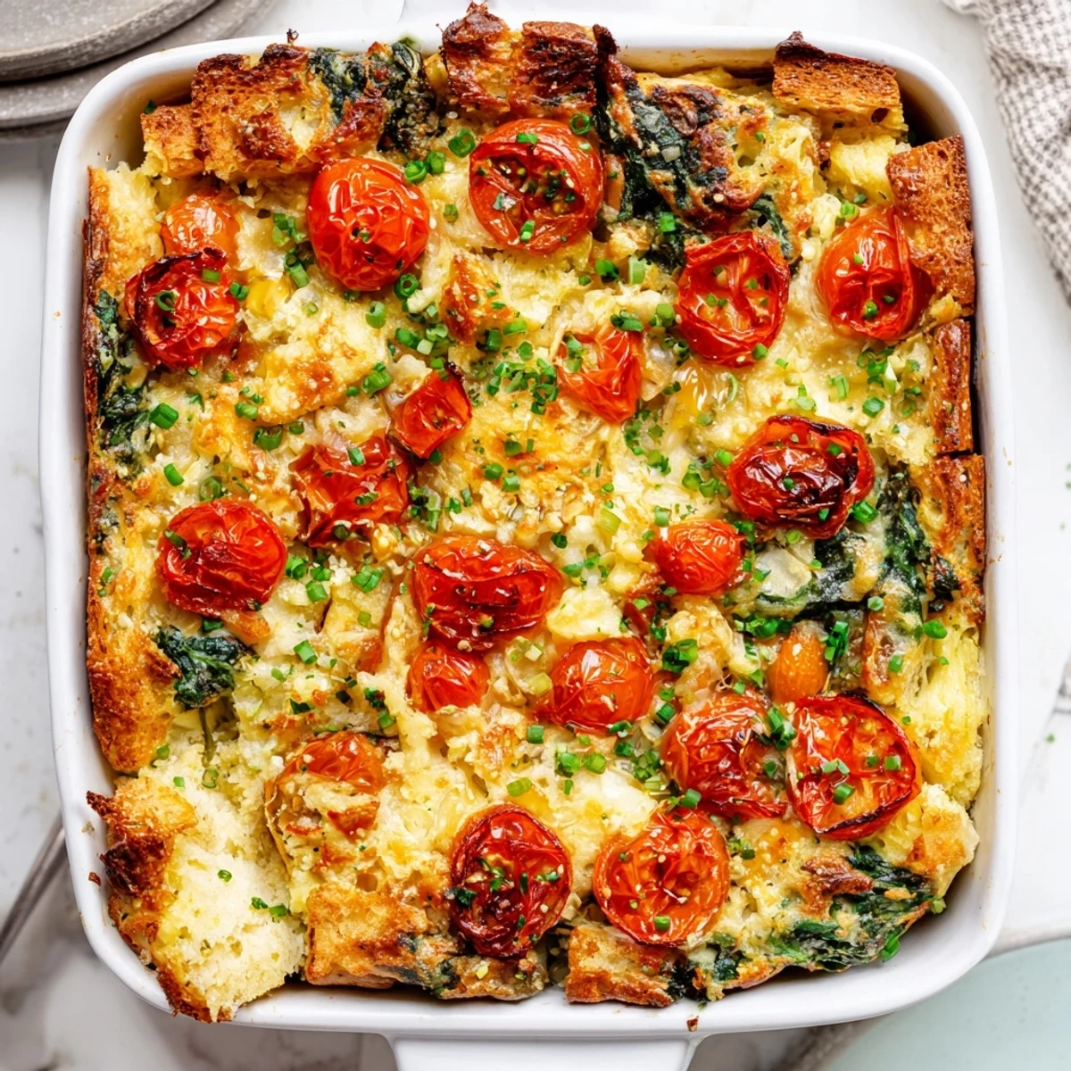 Cheesy Breakfast Strata With Roast Cherry Tomatoes served warm garnished with fresh chives on a rustic table.