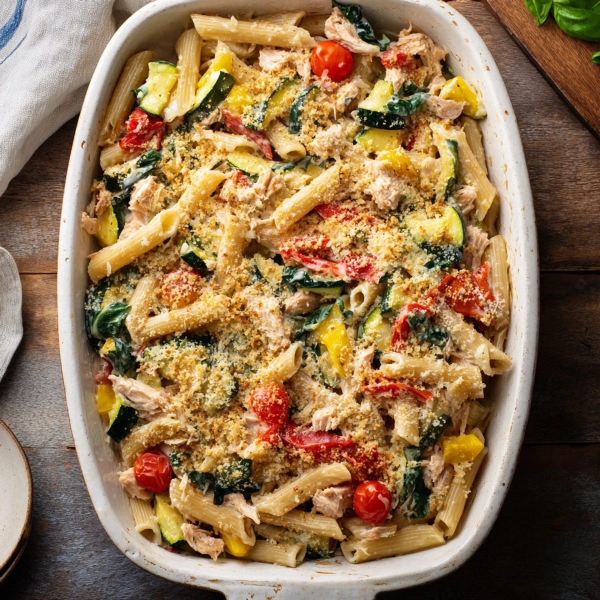 Serving suggestion for lactose-free tuna and veggie pasta bake, plated with a green salad for a complete family dinner.