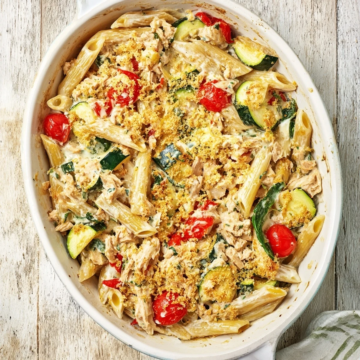 A close-up of hearty lactose-free tuna and veggie pasta bake, featuring whole wheat penne and a creamy, savory sauce.