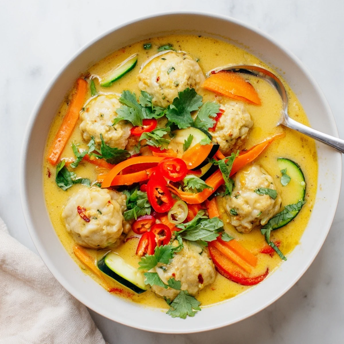 Creamy coconut Yellow Thai Curry Dumpling Soup served with lime wedges and sliced red chili on the side.