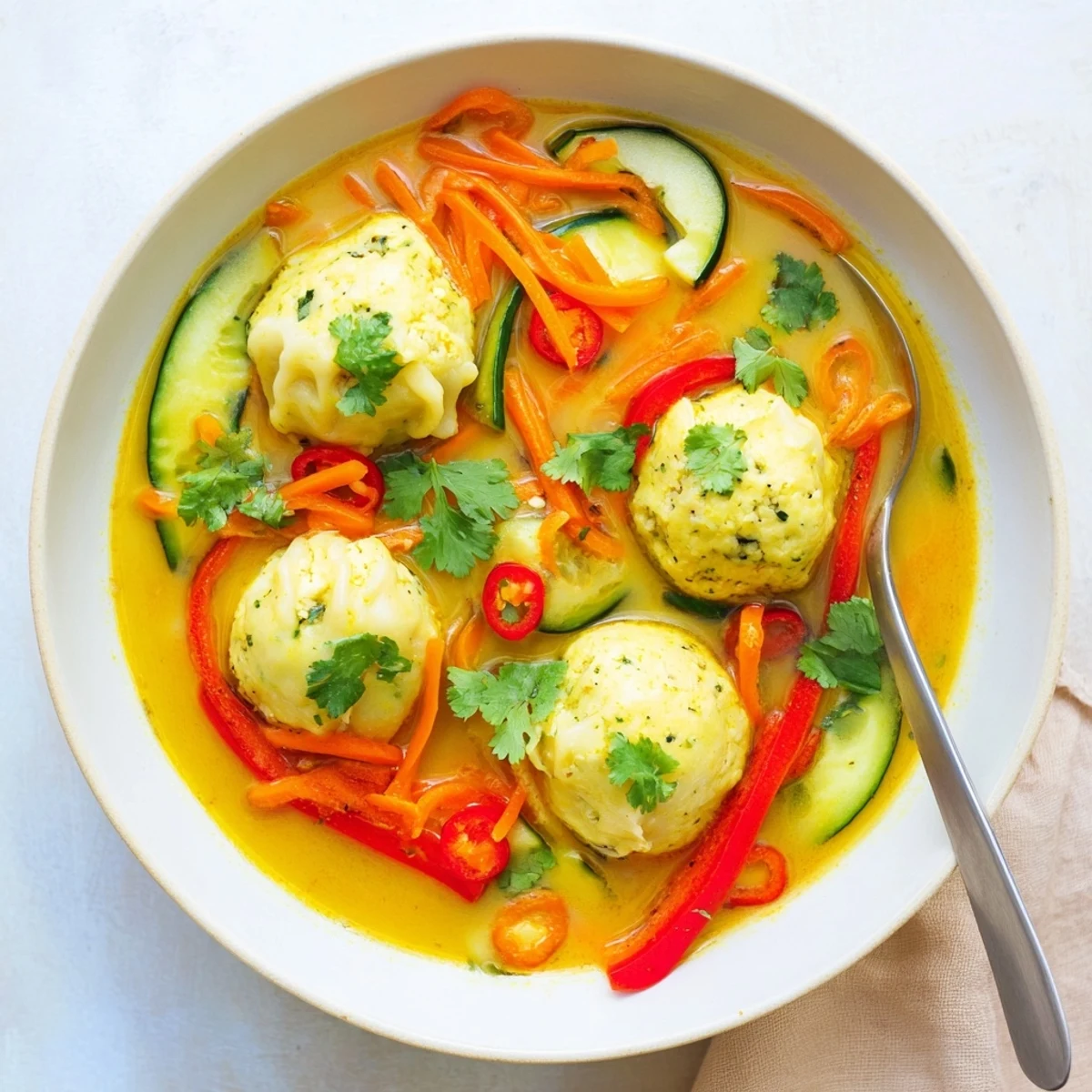 Yellow Thai Curry Dumpling Soup steaming in a bowl with vibrant vegetables and fresh cilantro garnish.