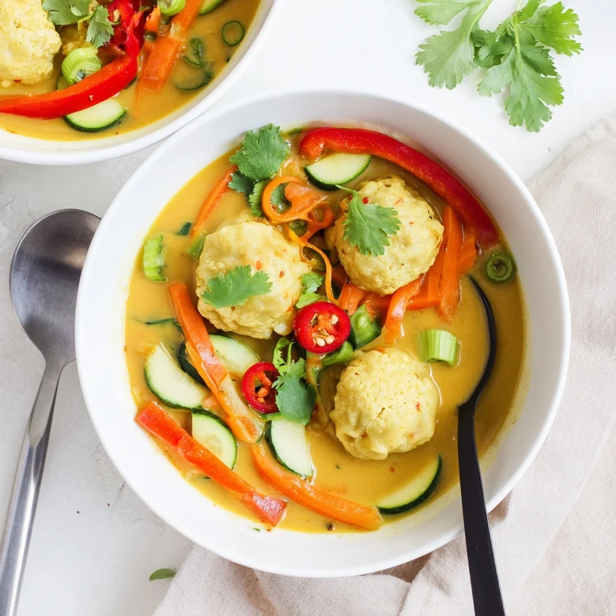 Close-up of Yellow Thai Curry Dumpling Soup with tender dumplings floating in aromatic golden broth and julienned carrots.