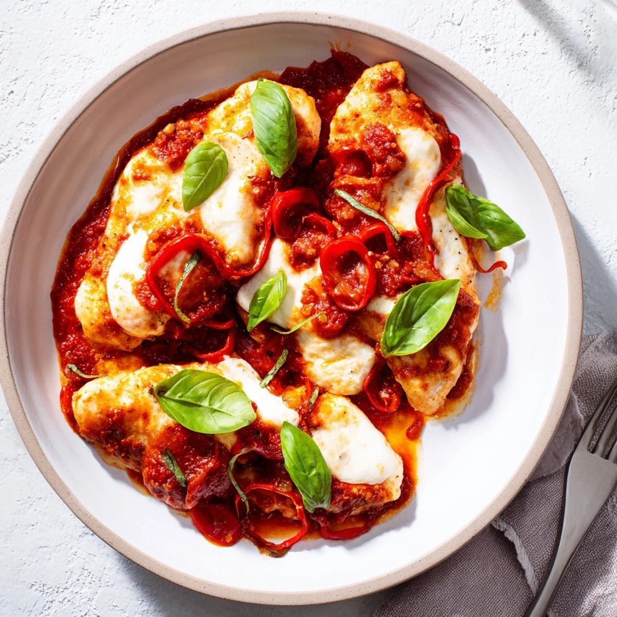 Photo of Italian Style Chicken breasts simmered in a rich red tomato and herb sauce with melted mozzarella and fresh basil garnish.