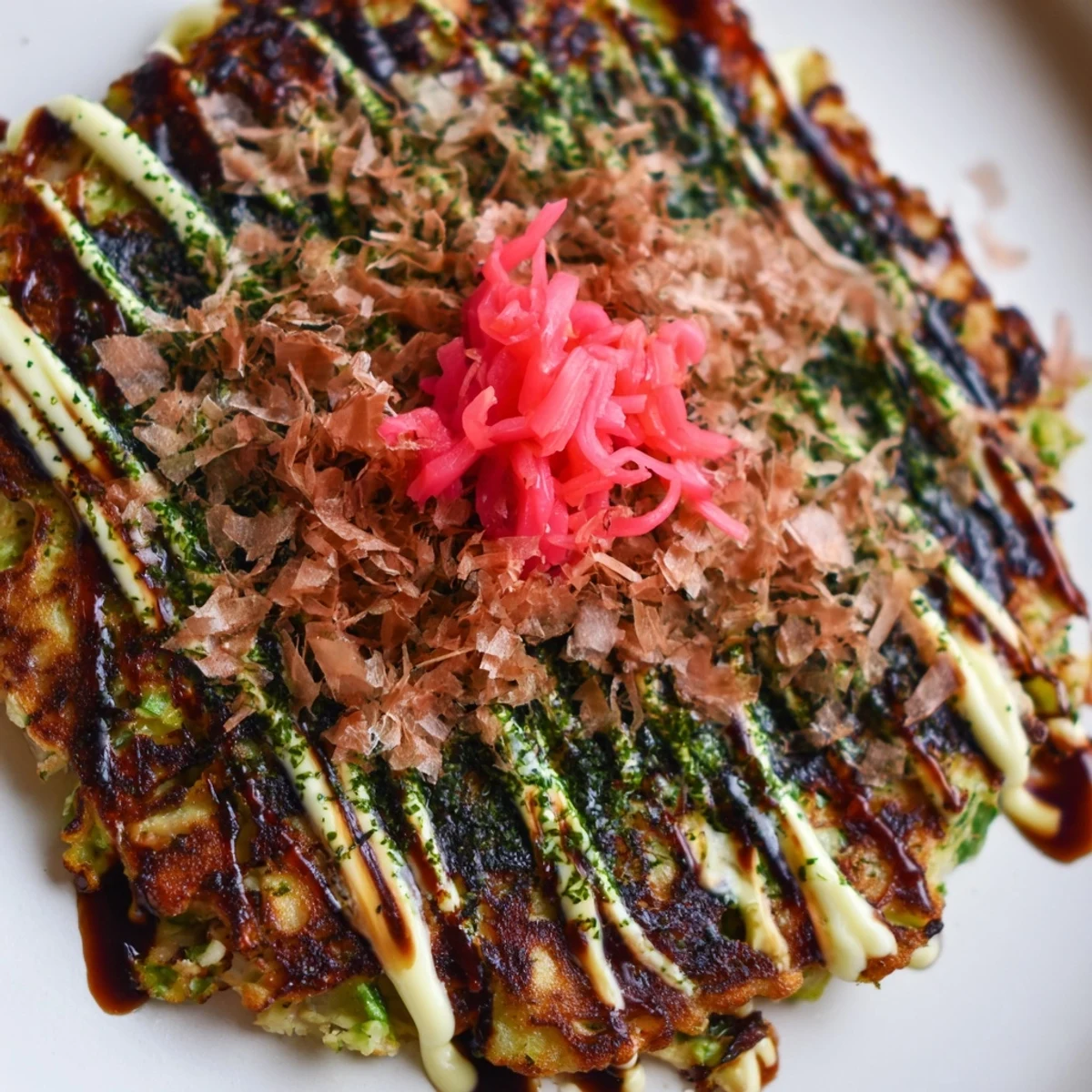 Thick, golden Chicken Okonomiyaki pancake sizzling on a griddle, topped with drizzled sauce, creamy mayo, and dancing bonito flakes.