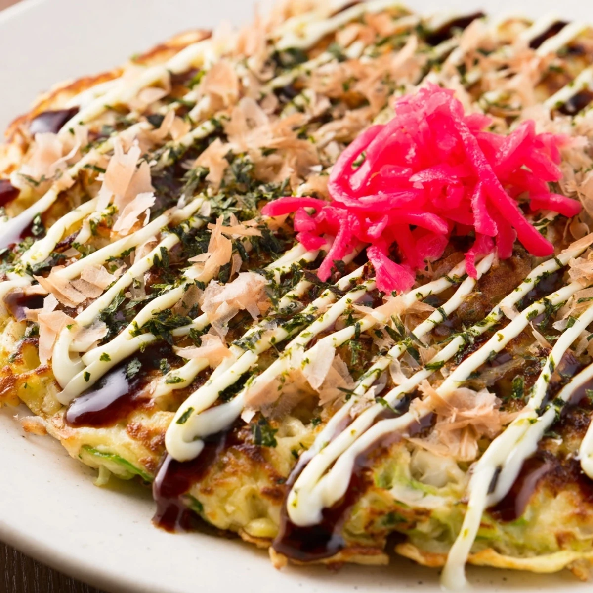 Steam rises from a freshly cooked Chicken Okonomiyaki slice, revealing tender chicken pieces and shredded cabbage tucked inside the batter.