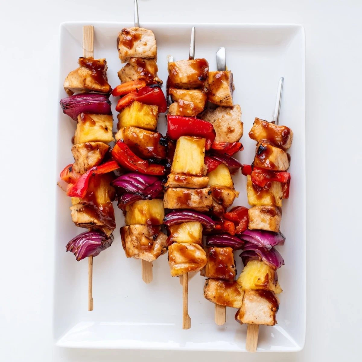 Golden pineapple chunks and tender chicken pieces on a skewer ready to serve.