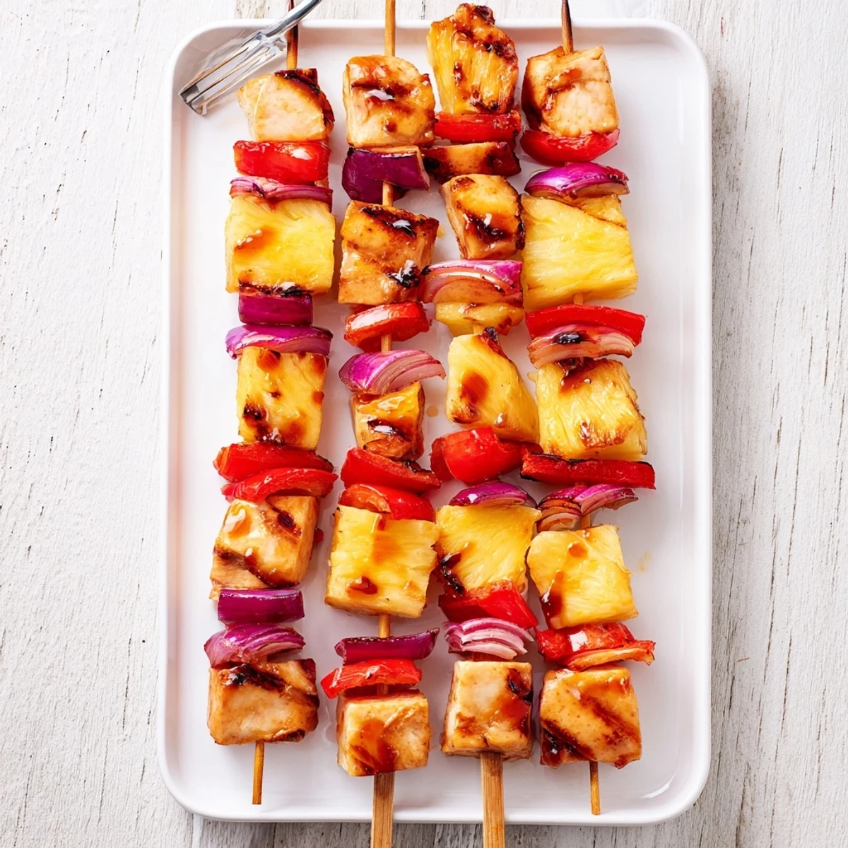 Summer BBQ Chicken and Pineapple Skewers with bell peppers and onions on the grill.