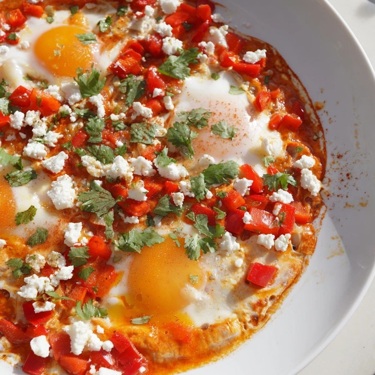 Runny egg yolks glisten over a spicy tomato and pepper sauce in this Quick Shakshuka Eggs recipe.