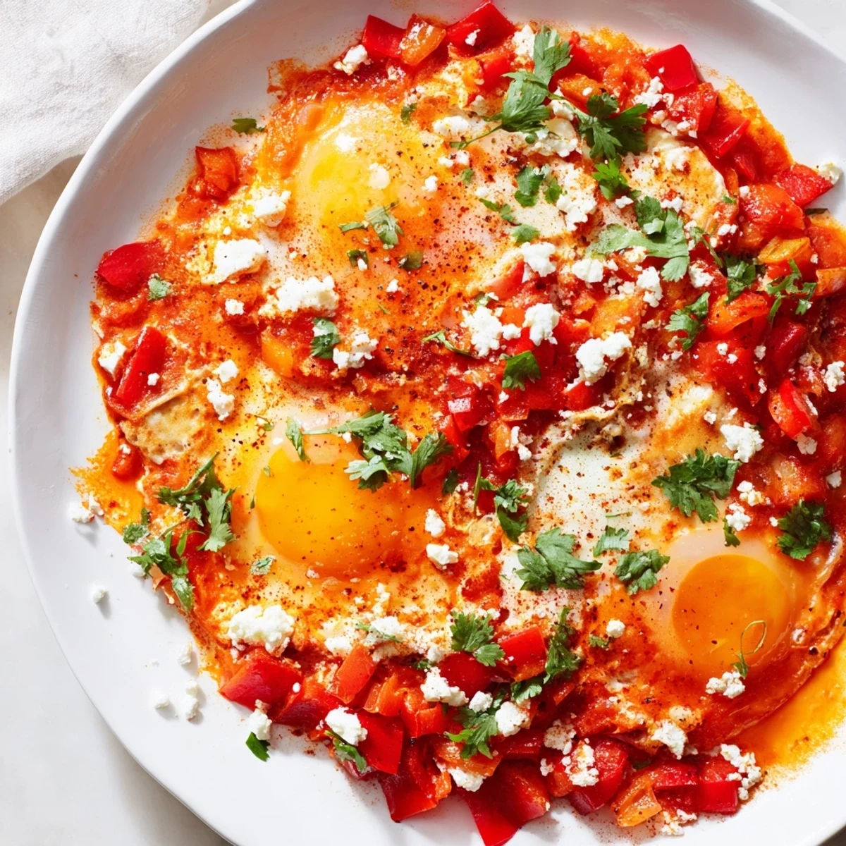 Bright red shakshuka sauce simmers in a skillet with poached eggs and fresh cilantro garnish.
