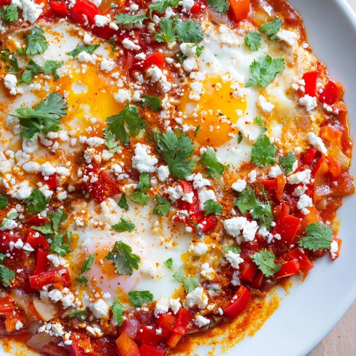 A skillet of Quick Shakshuka Eggs topped with feta and served with warm crusty bread.